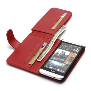 Multiple Card Slots Crazy Horse Leather Wallet Case Stand for HTC One M7 801e - Red