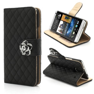 Diamond Flower Rhombus Card Slots Wallet Leather Stand Case for HTC One M7 801e - Black