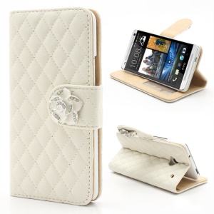 Diamond Flower Rhombus Card Slots Wallet Leather Stand Case for HTC One M7 801e - White