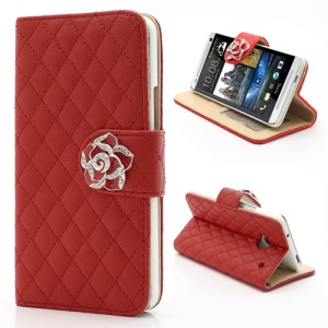 Diamond Flower Rhombus Card Slots Wallet Leather Stand Case for HTC One M7 801e - Red