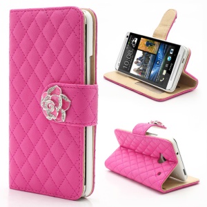 Diamond Flower Rhombus Card Slots Wallet Leather Stand Case for HTC One M7 801e - Rose