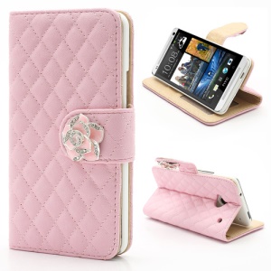 Diamond Flower Rhombus Card Slots Wallet Leather Stand Case for HTC One M7 801e - Pink