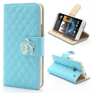 Diamond Flower Rhombus Card Slots Wallet Leather Stand Case for HTC One M7 801e - Blue