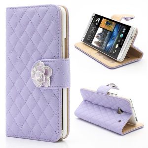 Diamond Flower Rhombus Card Slots Wallet Leather Stand Case for HTC One M7 801e - Purple