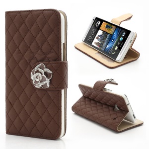 Diamond Flower Rhombus Card Slots Wallet Leather Stand Case for HTC One M7 801e - Brown