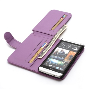 Multiple Card Slots Crazy Horse Leather Wallet Cover Stand for HTC One M7 801e - Purple