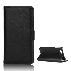Left and Right Open Litchi Leather Wallet Case Stand for Sony Xperia J ST26i ST26a - Black