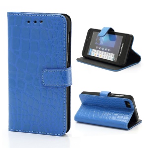 Fashionable Sleek Crocodile Leather Folio Wallet Case with Stand for BlackBerry Z10 BB 10 - Blue