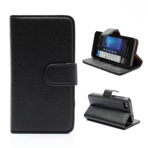 Lychee Leather Card Wallet Case Stand for BlackBerry Z10 BB 10 - Brown / Black