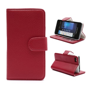 Lychee Leather Card Wallet Case Stand for BlackBerry Z10 BB 10 - White / Red