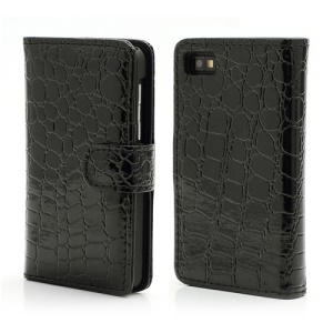 Crocodile Textured Folio Card Wallet Leather Case for BlackBerry Z10 BB 10 - Black