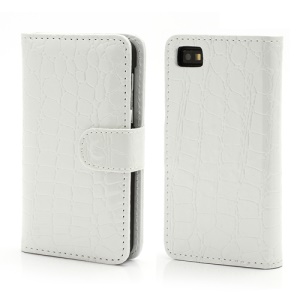 Crocodile Textured Folio Card Wallet Leather Case for BlackBerry Z10 BB 10 - White