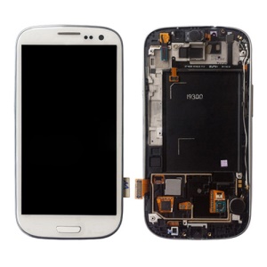 Samsung i9300 Galaxy S iii LCD Assembly w/ Touch Screen Digitizer and Other Parts (Frame + Home Button + Earpiece Flex + Sensor Flex + Vibration Motor) OEM - White