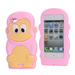 Adorable Smiley Monkey Rubberized Flex Soft Silicone Gel Case for iPod Touch 4 - Pink
