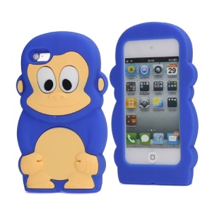 Adorable Smiley Monkey Rubberized Flex Soft Silicone Gel Case for iPod Touch 4 - Dark Blue