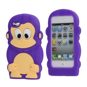 Adorable Smiley Monkey Rubberized Flex Soft Silicone Gel Case for iPod Touch 4 - Purple