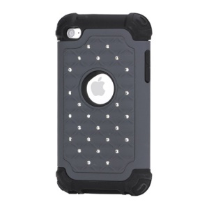 Bling Diamond Hybrid Soft Silicone &amp; PC Hard Case for iPod Touch 4 - Black / Grey