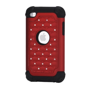 Bling Diamond Hybrid Soft Silicone &amp; PC Hard Case for iPod Touch 4 - Black / Red