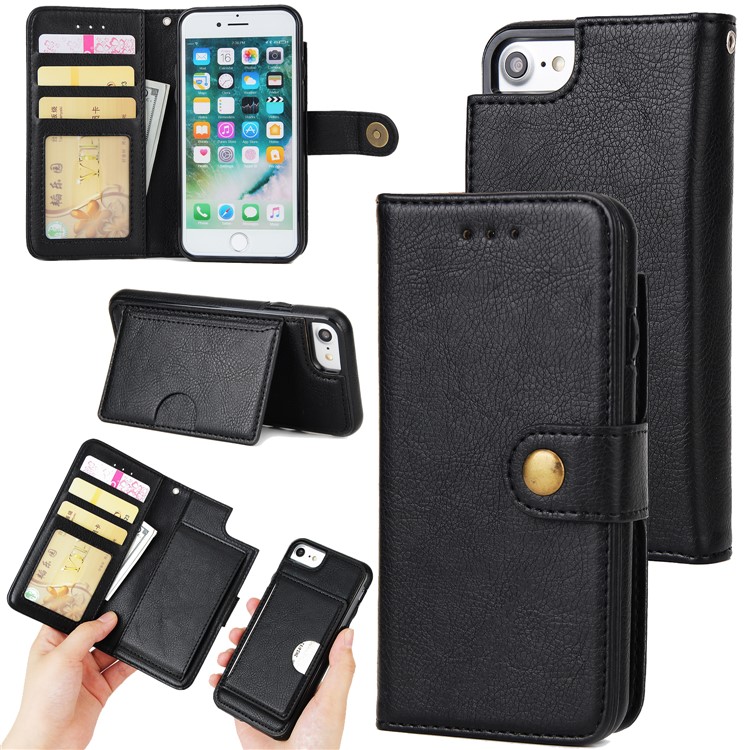 Detachable 2 in 1 Wallet Leather Stand Phone Case for iPhone 8/7 4.7 inch - Black