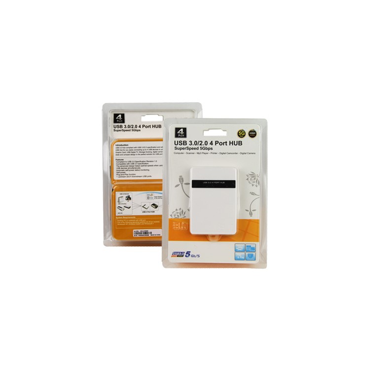 White USB 3.0/2.0 4 Port Hub ,Super Speed 5Gbps