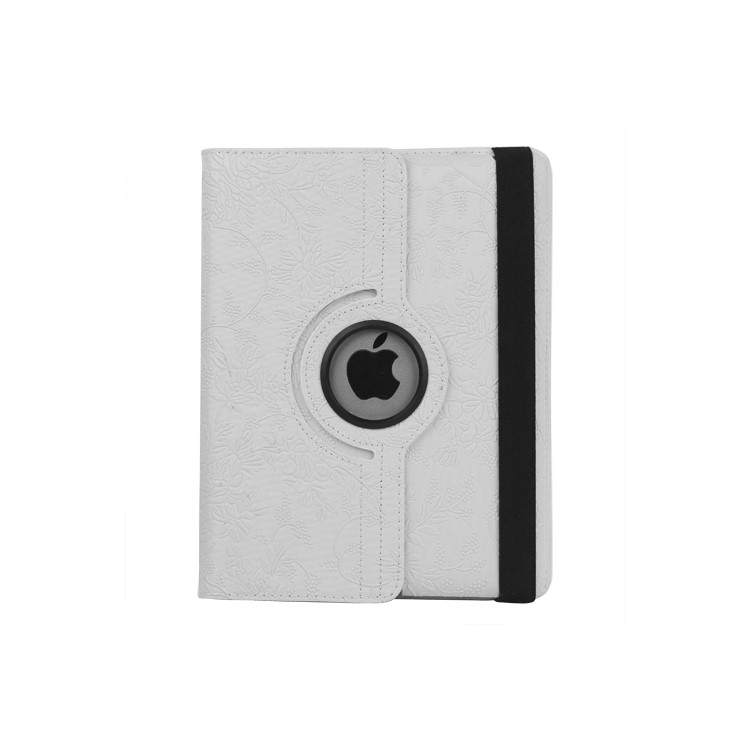 New iPad 2 3 4 Leather Stand Case Cover Flowers Embossing 360 Degree Rotary - White
