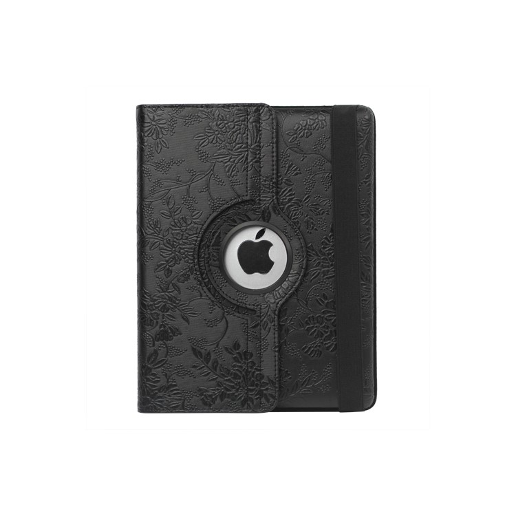 New iPad 2 3 4 Leather Stand Case Cover Flowers Embossing 360 Degree Rotary - Black