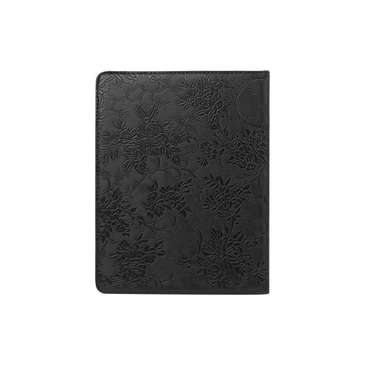 New iPad 2 3 4 Leather Stand Case Cover Flowers Embossing 360 Degree Rotary - Black