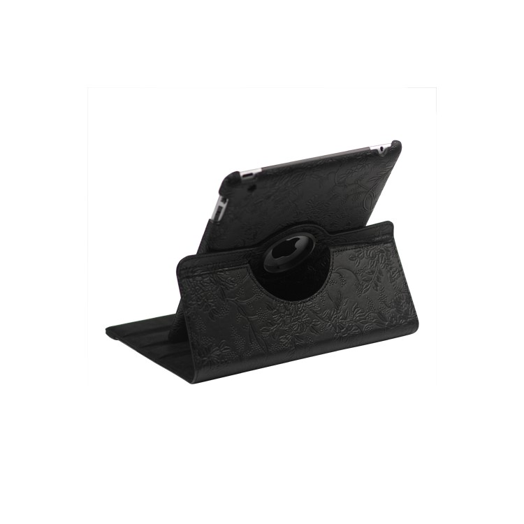 New iPad 2 3 4 Leather Stand Case Cover Flowers Embossing 360 Degree Rotary - Black