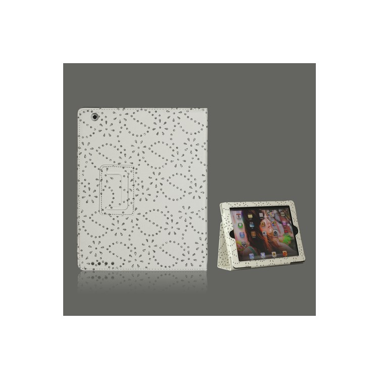 Glittery Flora Leather Case with Stand for iPad 2 The New iPad / iPad 4 - White