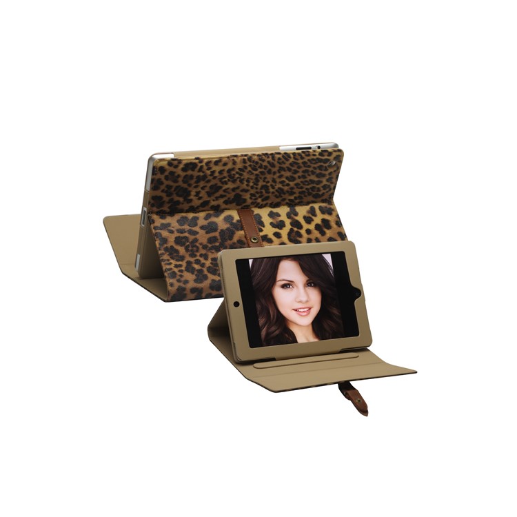 Leopard Leather Case Stand with Belt and Brass Buckle for iPad 2nd 3rd 4th Gen - Brown