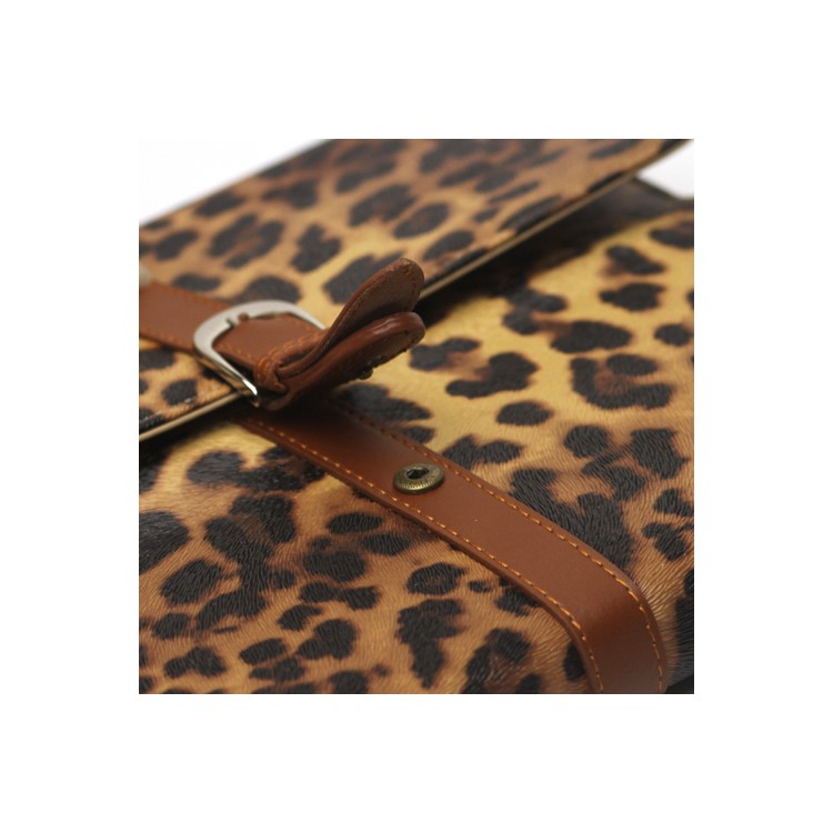 Leopard Leather Case Stand with Belt and Brass Buckle for iPad 2nd 3rd 4th Gen - Brown