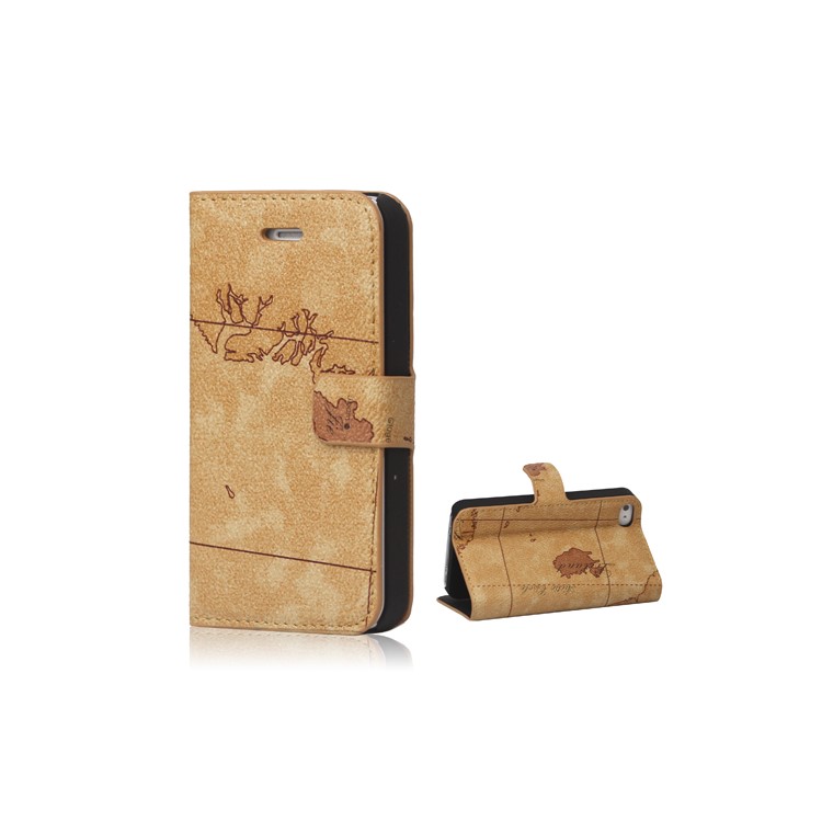 World Map iPhone 4 4S Flip Leather Wallet Case Cover - Brown