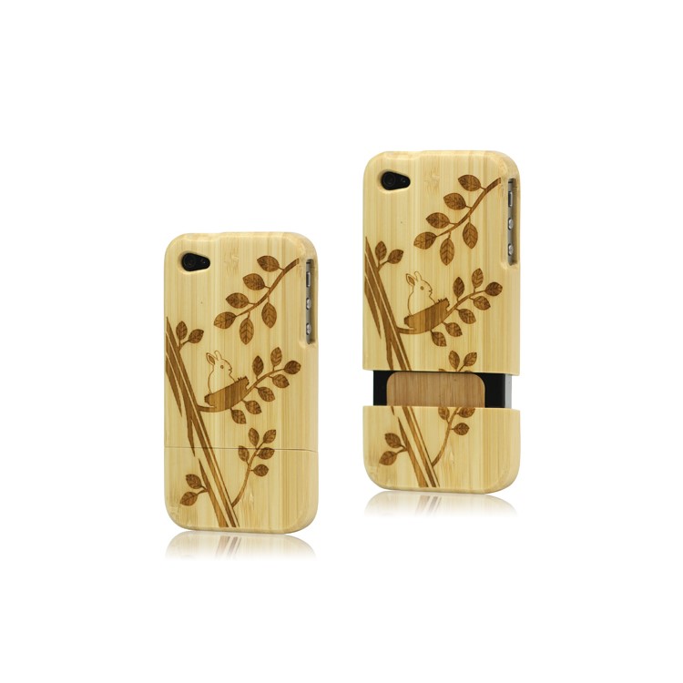 iPhone 4 4S Hard Wooden Case Cover Rabbit Plant Carving Detachable