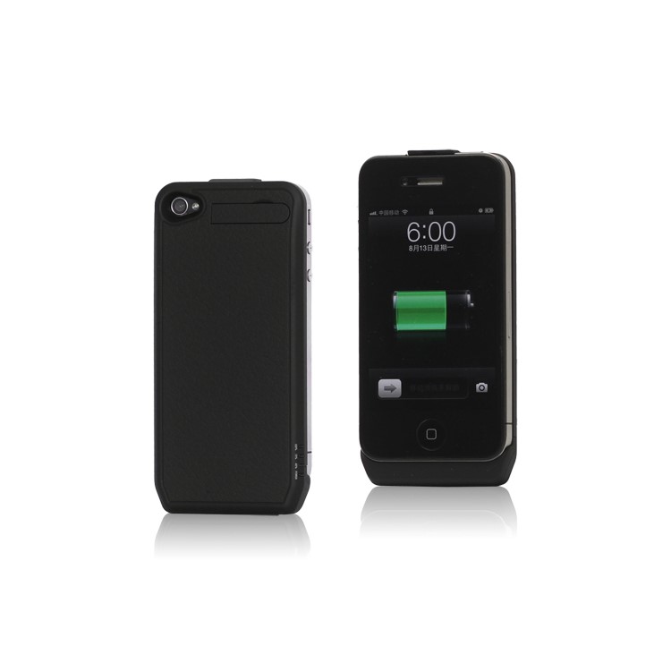 1800mAh Ultra-thin Lichee Pattern iPhone 4 4S External Battery Power Case with Stand - Black