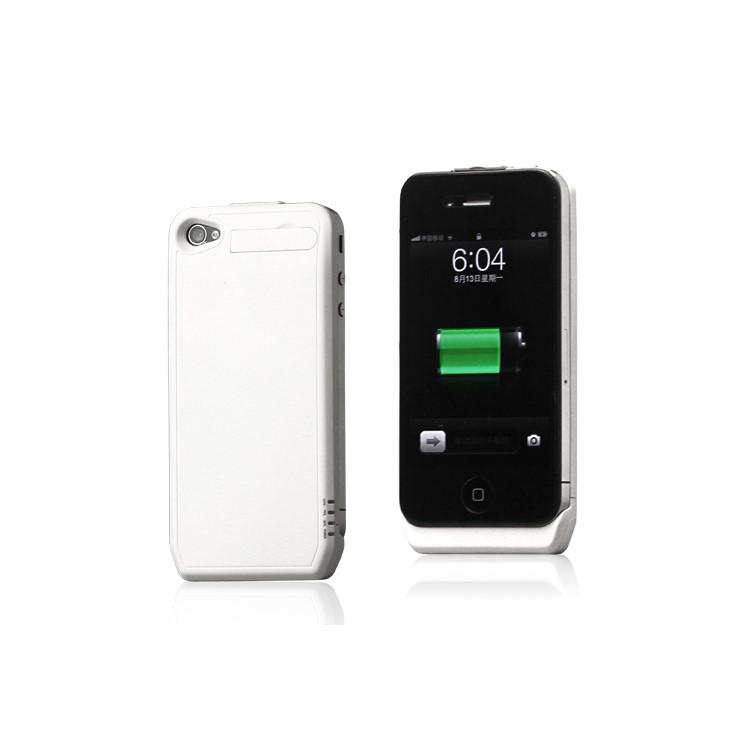 1800mAh Ultra-thin Lichee Pattern iPhone 4 4S External Battery Power Case with Stand - White
