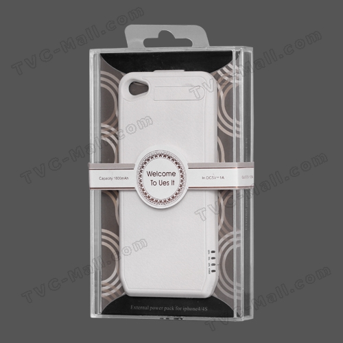 1800mAh Ultra-thin Lichee Pattern iPhone 4 4S External Battery Power Case with Stand - White