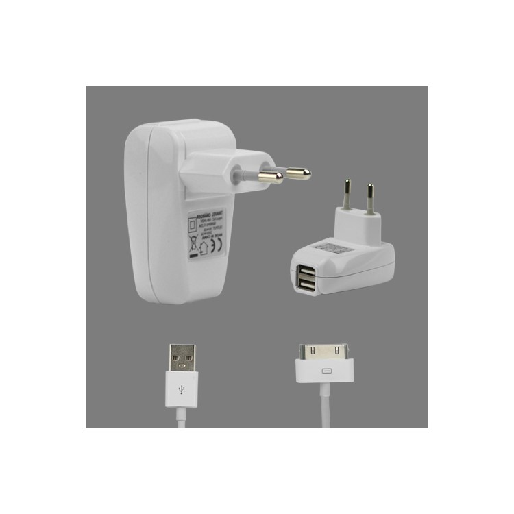 2 in 1 Dual USB Wall Travel Charger with Charge Cable for iPad iPhone iPod - EU Plug