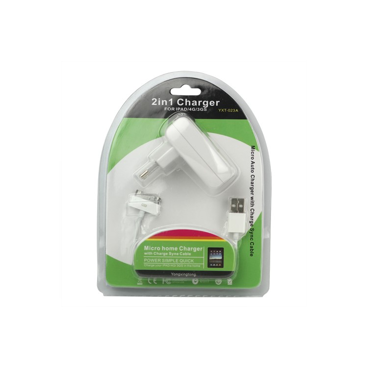 2 in 1 Dual USB Wall Travel Charger with Charge Cable for iPad iPhone iPod - EU Plug