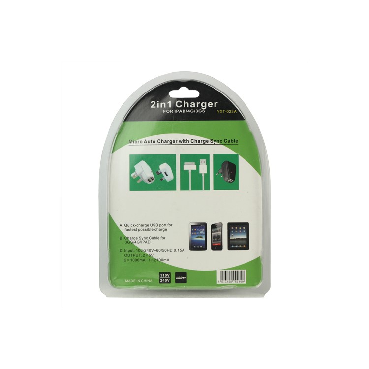 2 in 1 Dual USB Wall Charger with Data Cable for iPad iPhone iPod - US Plug