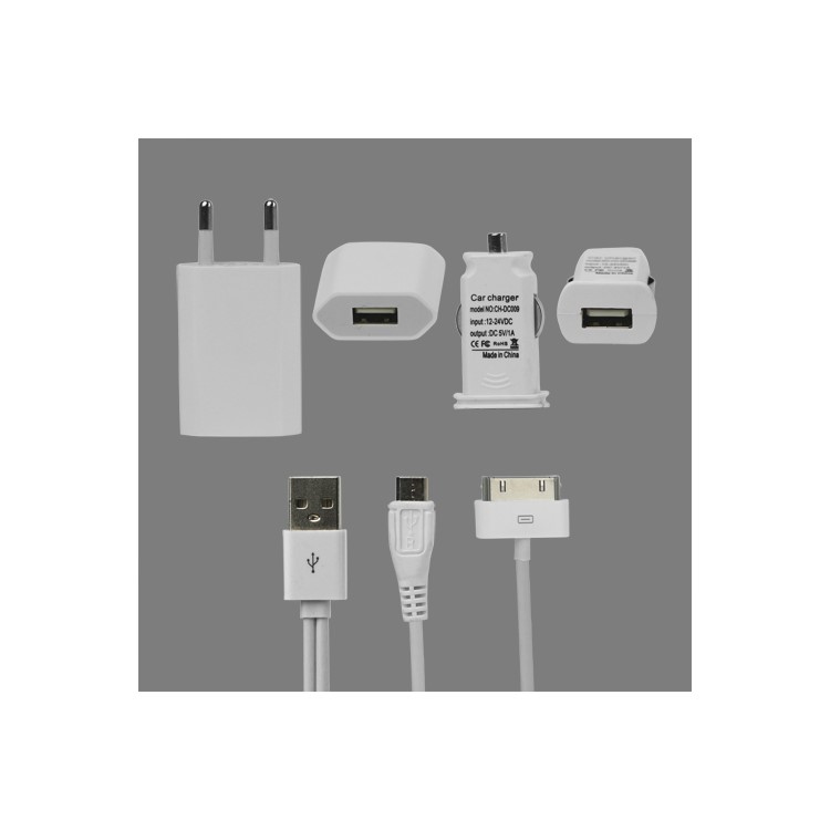 iPhone 4S 4 3GS 3G Charger Kit (Car Charger + Wall Charger + Apple/Micro USB Cable)