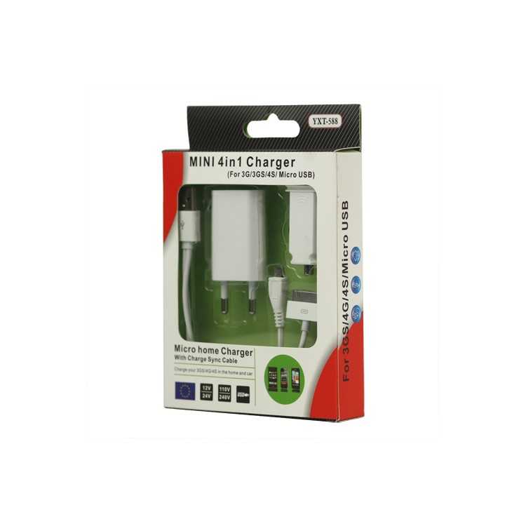iPhone 4S 4 3GS 3G Charger Kit (Car Charger + Wall Charger + Apple/Micro USB Cable)