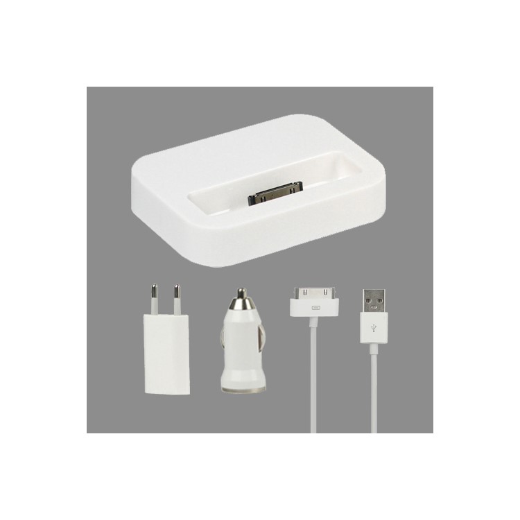 4 in 1 Charger Kit for iPhone 4S 4 3GS 3G (Car Charger + EU Plug Wall Charger + Dock Cradle + Cable)