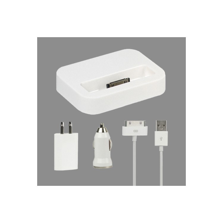 4 in 1 Charger Kit for iPhone 4S 4 3GS 3G (Car Charger + US Plug Wall Charger + Dock Cradle + Cable)