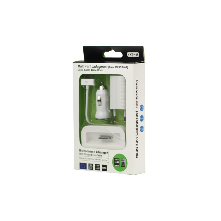 4 in 1 Charger Kit for iPhone 4S 4 3GS 3G (Car Charger + US Plug Wall Charger + Dock Cradle + Cable)