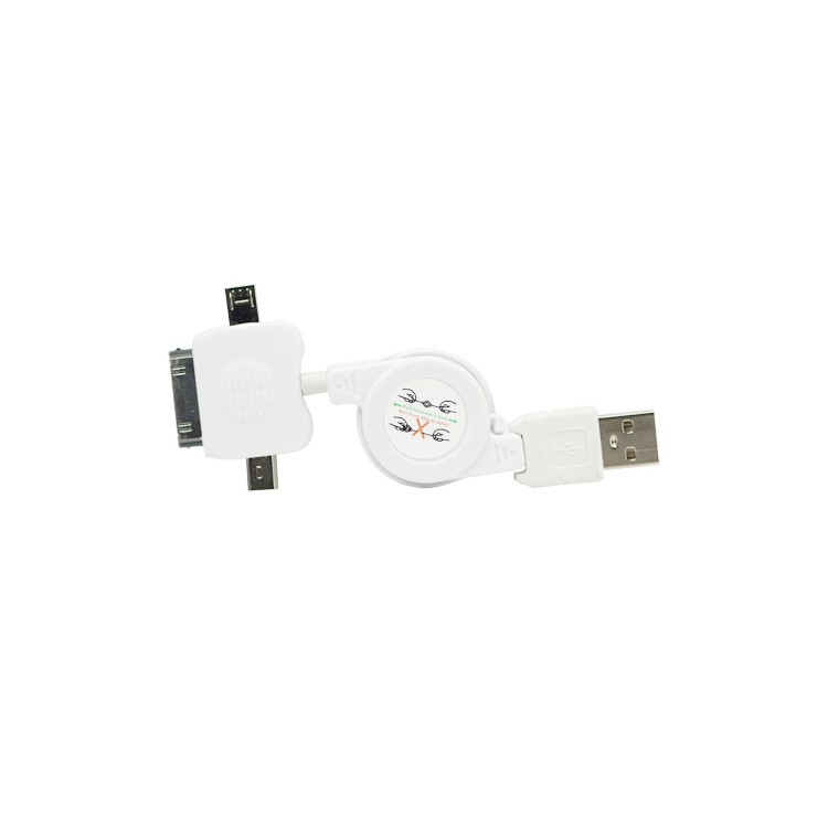 3 in 1 Mini Micro Retractable USB Sync Data Charger Cable for iPhone 4S 4 iPod - White