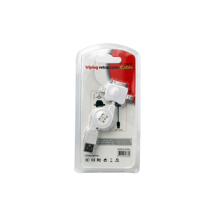 3 in 1 Mini Micro Retractable USB Sync Data Charger Cable for iPhone 4S 4 iPod - White