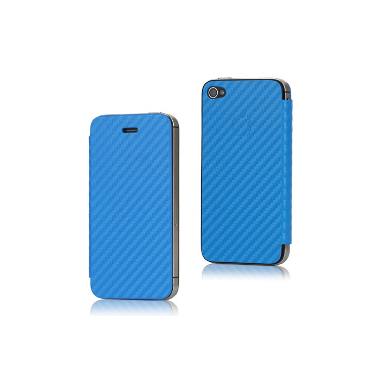 Leather Skin Carbon Fiber iPhone 4S Housing Back Cover with Front Case - Blue