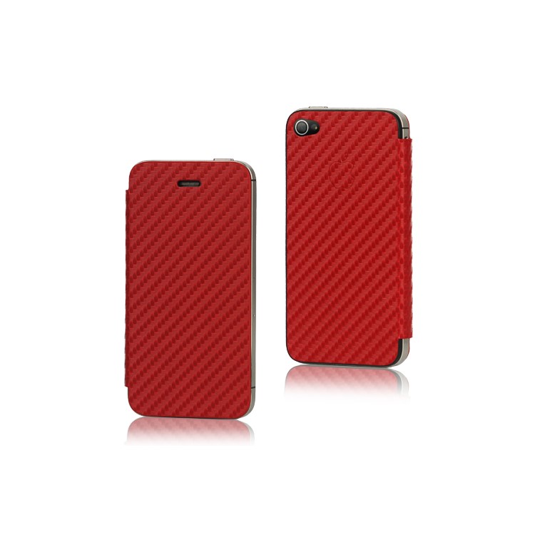 Leather Skin Carbon Fiber Housing with Front Cover for iPhone 4S - Red