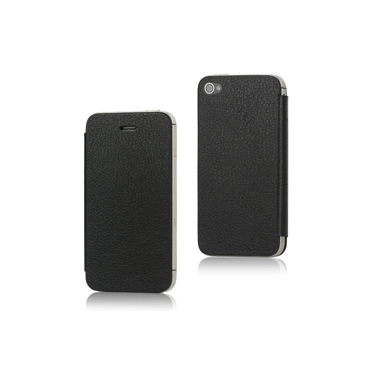 Leather Skin iPhone 4S Flip Cover (Back Housing + Front Cover + Free Pentacle Screwdriver) - Black