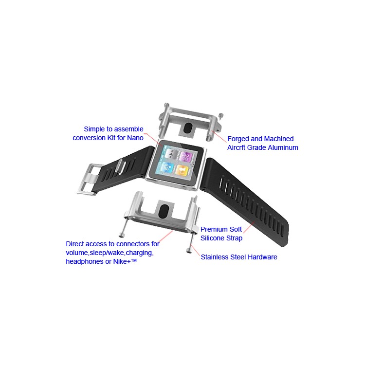 Aluminum Bracelet Watch Band Wrist Cover Case for iPod Nano 6 6th Gen - Black